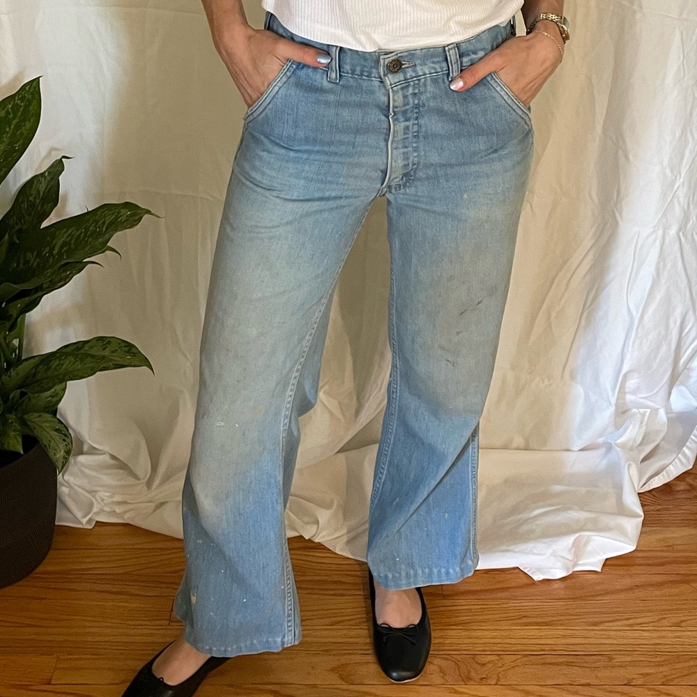 Vintage Orange Tab Paint-splattered Distressed Levis